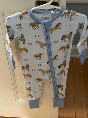 NWT Angel Dear Bamboo Light Blue Horse Print Convertible Romper Pajama
